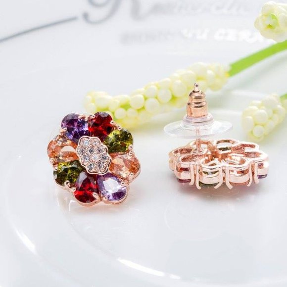 18K rose gold plated multi colorful AAA Zircon Stud Earrings - Picture 2 of 4